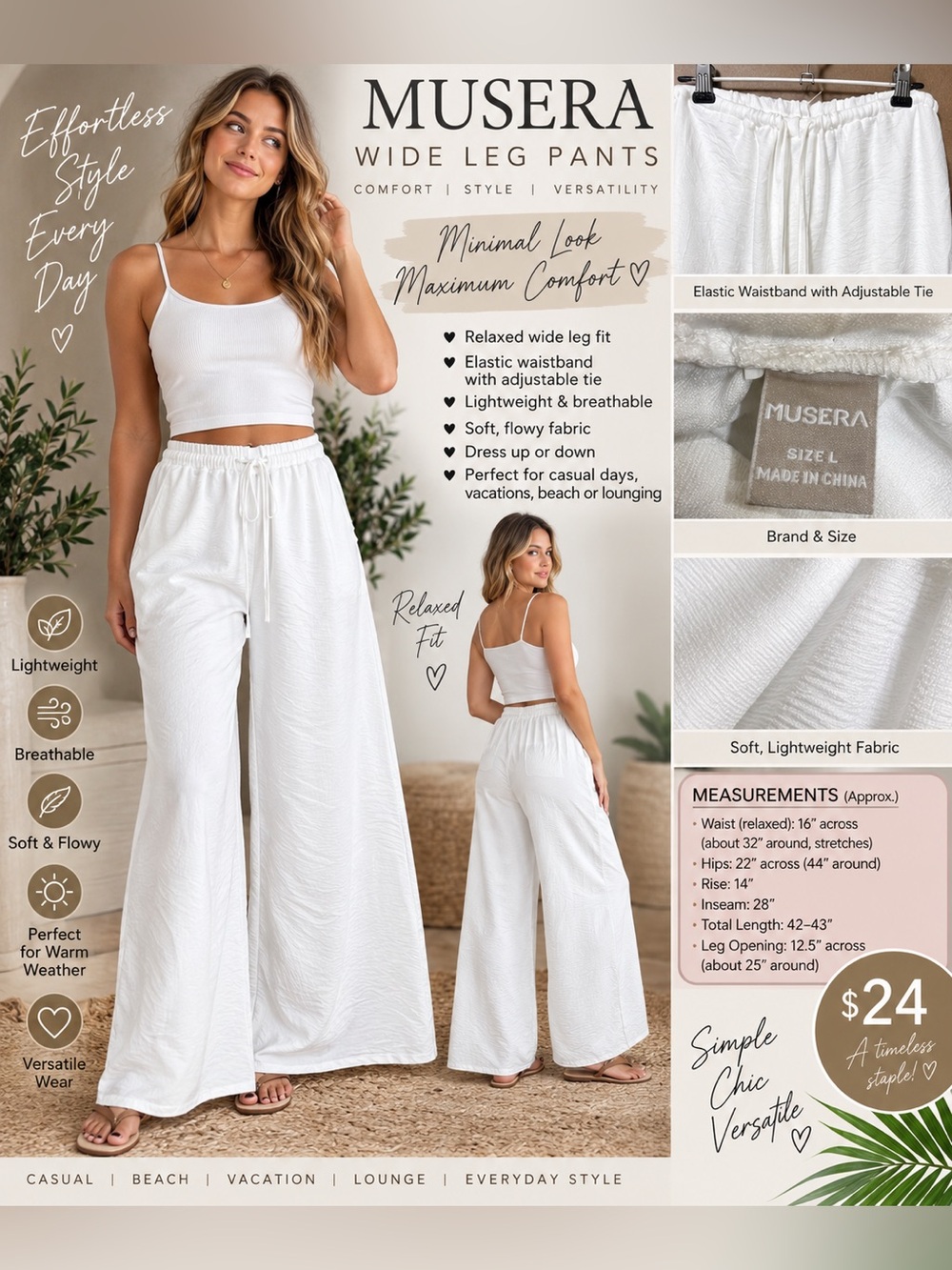 Wide Leg Drawstring Maxi Pants - White